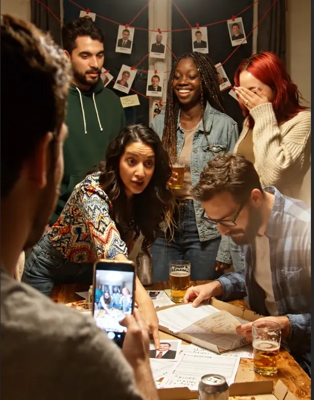 Grupo de amigos resolviendo el caso alrededor de la mesa con los expedientes impresos